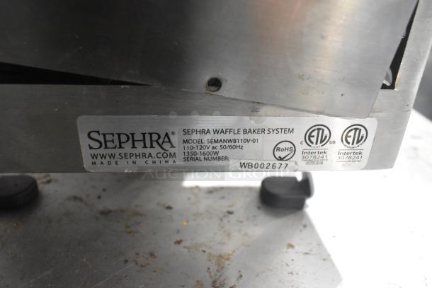 Sephra SEMANWB110V-01 Countertop Waffle Maker, 110-120V, stainless steel, ETL-certified, model label shown.