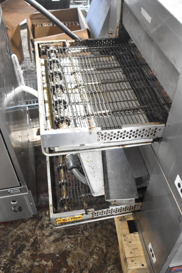 Middleby Marshall CTX DZ33T stainless steel electric conveyor pizza ovens on casters, 208V, show wear.