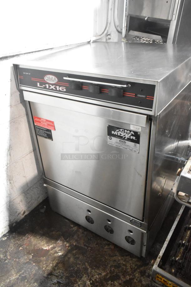CMA L-1X16 commercial undercounter dishwasher, stainless steel, 115 volts, 1 phase, with visible control panel and labels.