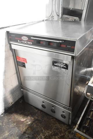 CMA L-1X16 commercial undercounter dishwasher, stainless steel, 115 volts, 1 phase, with visible control panel and labels.
