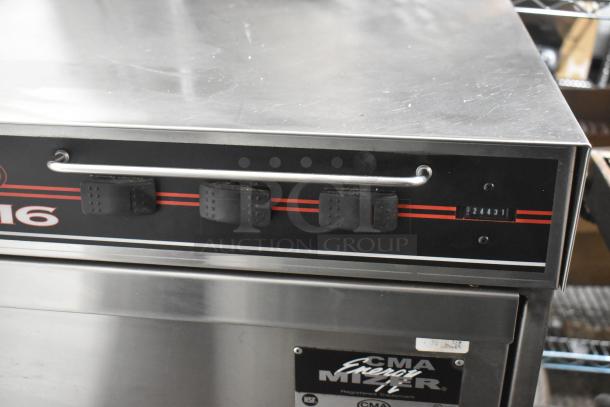 CMA L-1X16 commercial undercounter dishwasher, stainless steel, 115 volts, 1 phase, featuring control dials and unit markings.