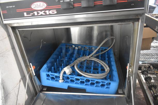 CMA L-1X16 commercial undercounter dishwasher, 115 volts, in clean condition. Includes blue dish rack and connection hose.