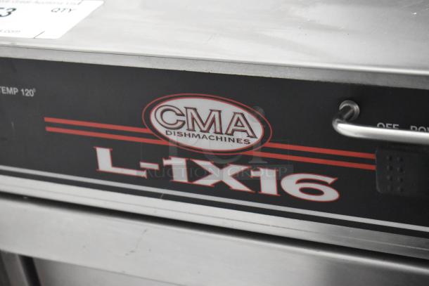 CMA L-1X16 commercial undercounter dishwasher, 115 volts, 1 phase, shown with logo and model label.