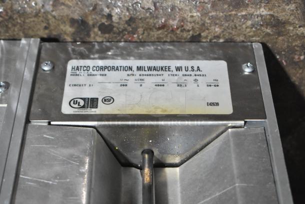 Hatco GRAH-96D heat strip warmer label, showing model, serial number, voltage, and certifications. 208 volts, 1 phase.