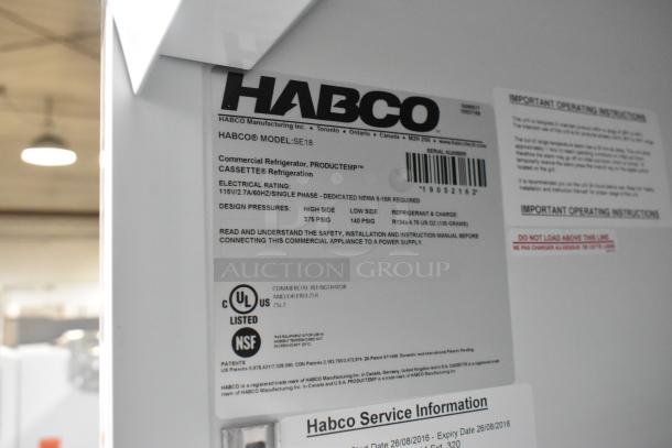 2019 Habco SE18 Commercial Single Door Reach In Cooler, 115V, 1 Phase. Includes labels with model and electrical specifications.