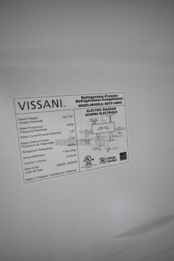 Vissani MDTF14WH5 Cooler with Freezer, 115V, 1 Phase. Features label with electrical specs and UL certification. Made in Thailand.