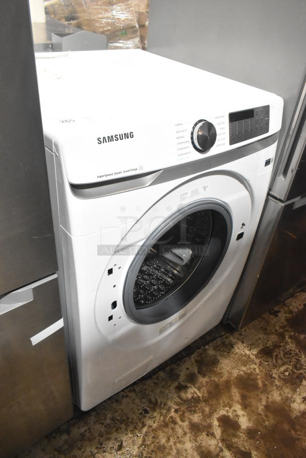 Samsung WF45B6300AW front load washer in white. Features SuperSpeed, steam functions, and SmartThings connectivity. 120 volts, 1 phase.