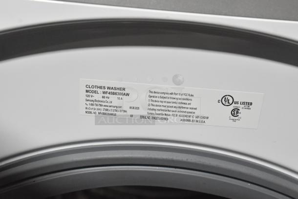 Samsung WF45B6300AW front load washer label, showing model, voltage, and certification details for buyer reference.