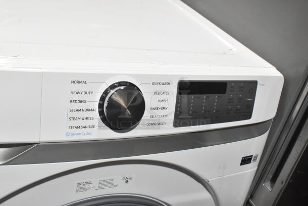 Samsung WF45B6300AW front load washer, white. Features steam cycles, multiple wash settings. 120 Volts, 1 Phase. Good condition.