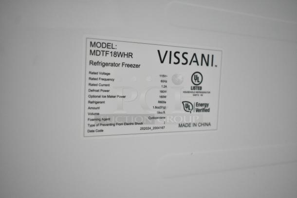 Vissani MDTF18WHR Reach In Cooler with Freezer label showing specifications: 115V, 60Hz, 1.2A, R600a refrigerant, 18 cu. ft., Made in China.