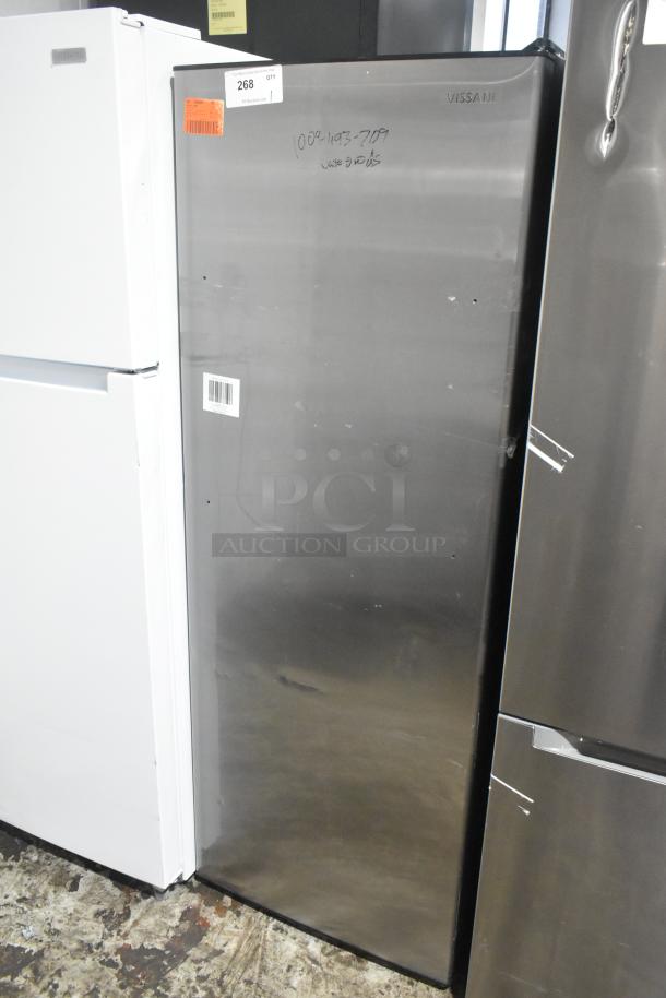 Vissani Reach In Cooler, stainless steel, 115 volts, 1 phase, gently used. Visible barcode and handwritten markings.