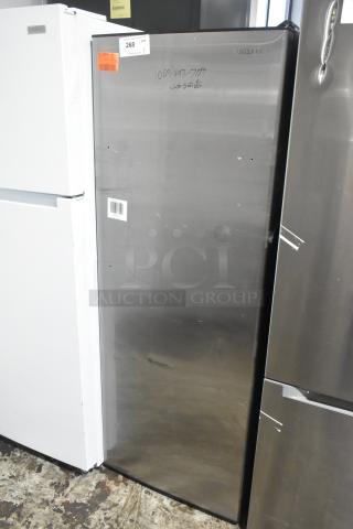 Vissani Reach In Cooler, stainless steel, 115 volts, 1 phase, gently used. Visible barcode and handwritten markings.