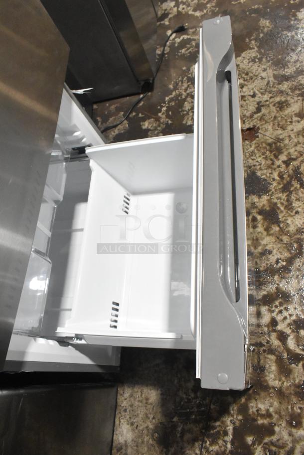 Vissani Reach In Cooler with Freezer Drawer, 115 Volts, 1 Phase, shown with open drawer, stainless steel finish.