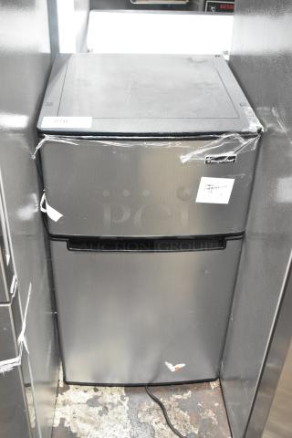 Magic Chef HMDR310SE mini cooler with freezer, gray finish, 115V, 1 phase, visible wear on top and edges. Model tag intact.