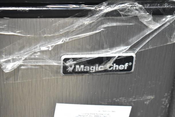 Magic Chef HMDR310SE Mini Cooler with Freezer, brushed metal finish, visible brand logo, 115 volts, 1 phase.