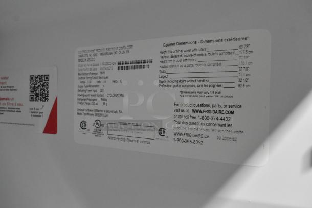 Label showing specifications for a 2025 Frigidaire FRSS2628ASN Reach In Cooler with Freezer and Ice/Water Dispenser. 115 Volts, 1 Phase.