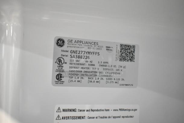 GE GNE27JYMYFFS label, 115V, 1 Phase, Refrigerator-Freezer. Displays model, serial number, and technical specifications.