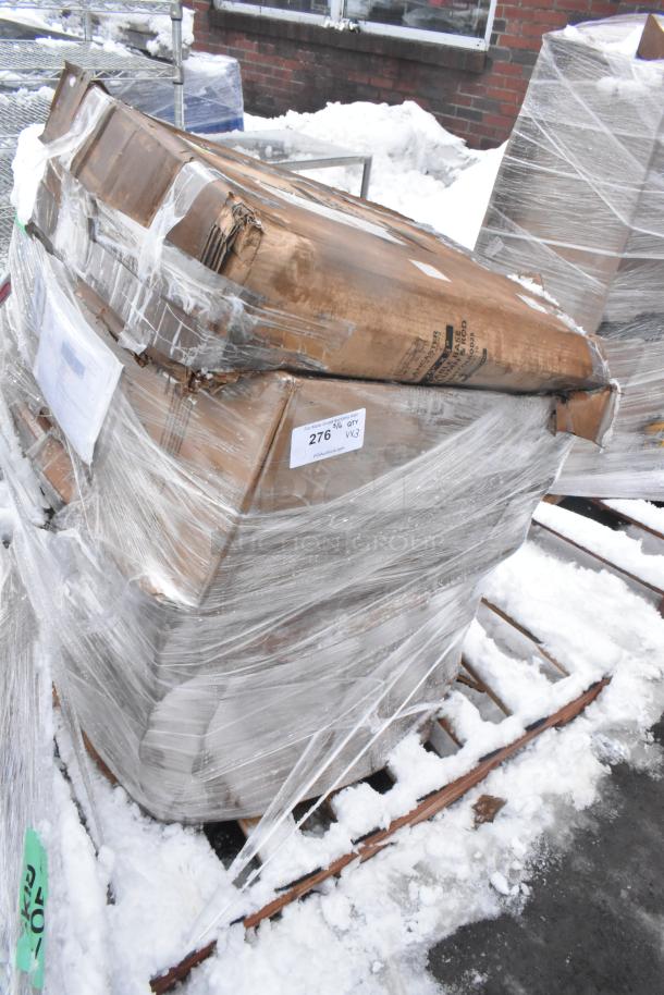 Pallet with three brand new scratch and dent items, including a sink and ingredient bin, wrapped in plastic with visible label "276."