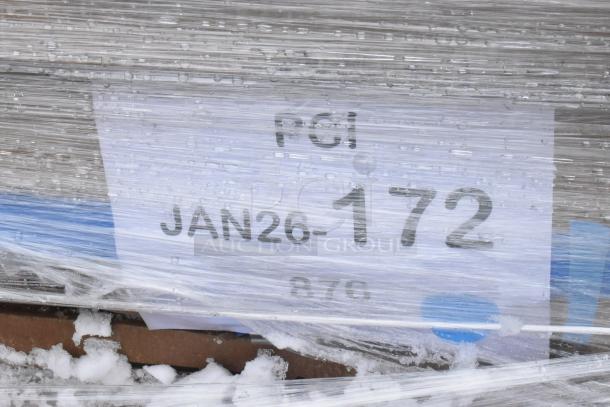 Plastic-wrapped pallet with visible numbers "JAN26-172" and "PCI"; used to store scratch and dent items including squeegee, posts, and strip warmer.