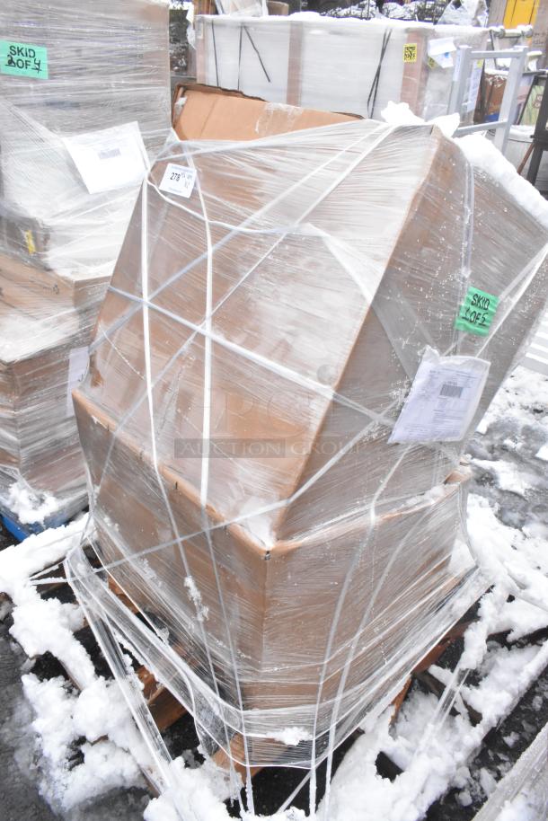 Pallets wrapped in plastic, containing two brand new scratch and dent ice bins. Tags indicate lot number SKID 2045.