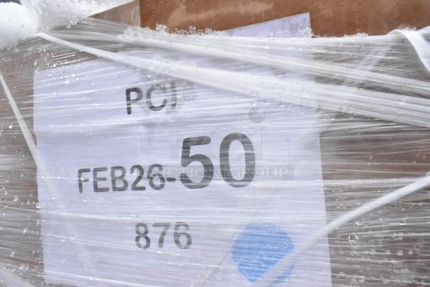 Plastic-wrapped shipping label on new items including ice bins, marked "PCI FEB26-50 876;” image indicates scratch and dent condition.