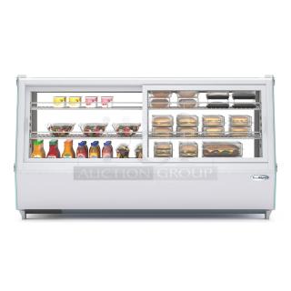 BRAND NEW KoolMore CDC-250-WH Self-Service Countertop Display Refrigerator. Features visible snacks and drinks, minor scratches, logo.