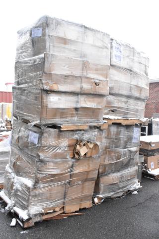 Pallet of 24 scratch and dent Lancaster Table & Seating Industrial Chairs, boxed and shrink-wrapped, slate gray finish.