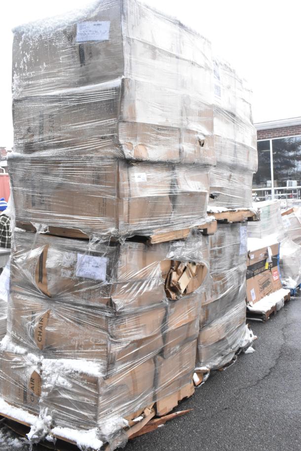 Pallet with 24 Lancaster industrial chairs, slate gray finish, scratch-and-dent condition, shrink-wrapped, outdoor setting.