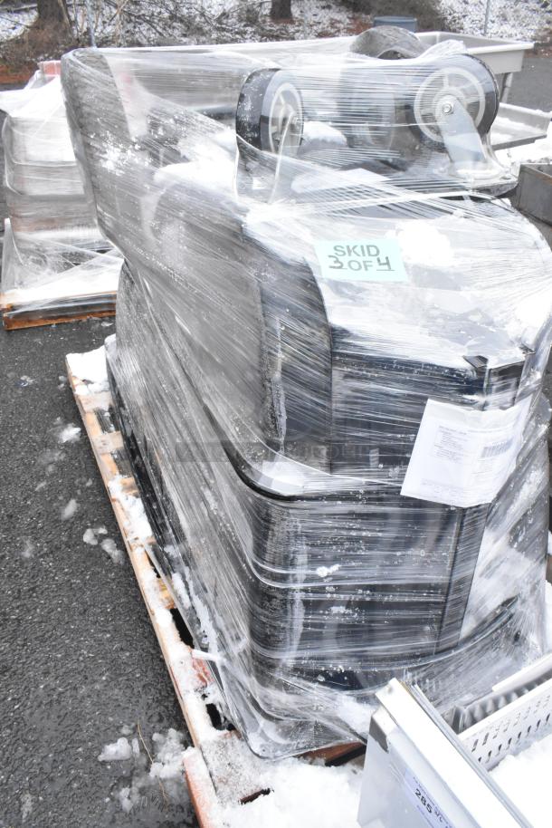 Brand new Lavex tilt truck, black, 1 cubic yard, 2,100 lb. capacity, wrapped in plastic, labeled "Skid 3 of 4."