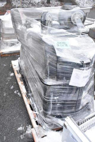 Brand new Lavex tilt truck, black, 1 cubic yard, 2,100 lb. capacity, wrapped in plastic, labeled "Skid 3 of 4."