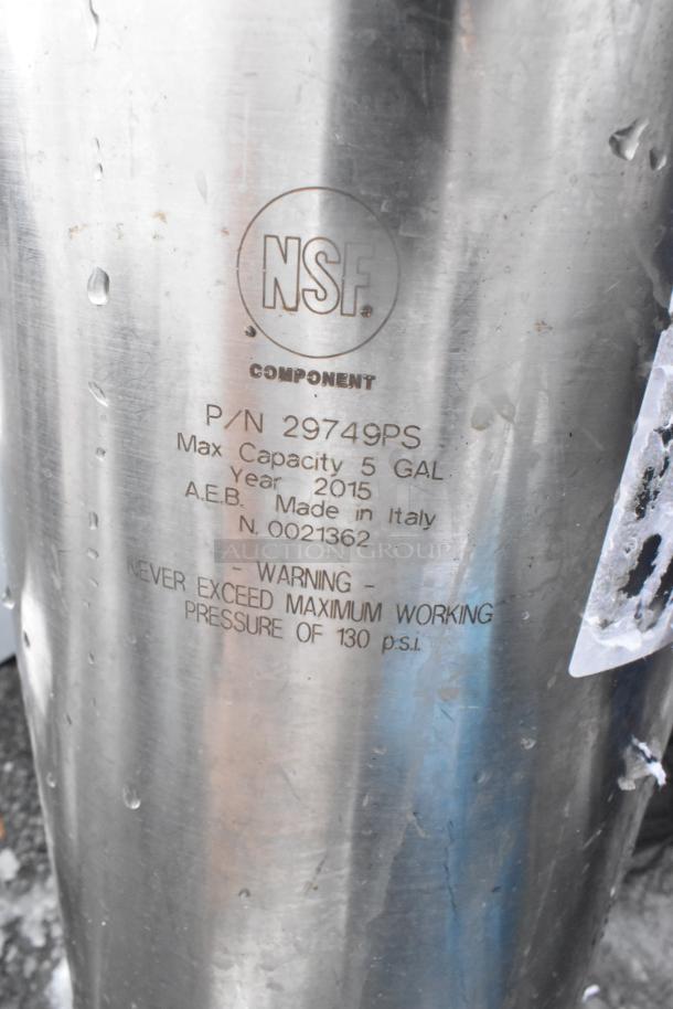 5 Fetco Luxus beverage dispensers, model TPD-15, NSF certified, 5-gallon capacity, made in Italy, shows max pressure warning.