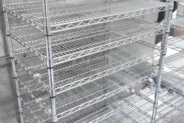 Chrome finish 10-tier wire shelving unit in excellent condition. Buyer must dismantle. Consider freight charges.