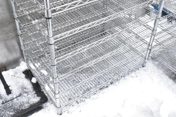 Chrome finish 10-tier wire shelving unit. Durable, spacious design. Buyer to dismantle. Freight charges apply.