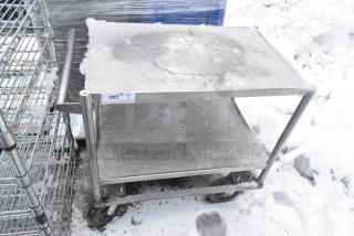 Two-tier metal cart with ice, on commercial casters. Label reads "295 QTY." Used condition, sturdy construction.