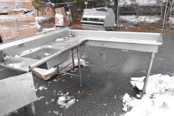 Commercial right side dirty side dish table, stainless steel, used condition with visible wear, includes sink and side table extension.