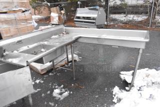 Commercial right side dirty side dish table, stainless steel, used condition with visible wear, includes sink and side table extension.