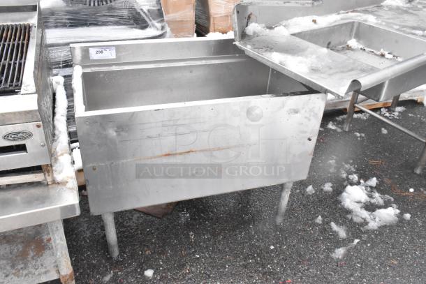Commercial stainless steel ice bin with open top, showing signs of use. Visible label reads "296" indicating auction lot number.