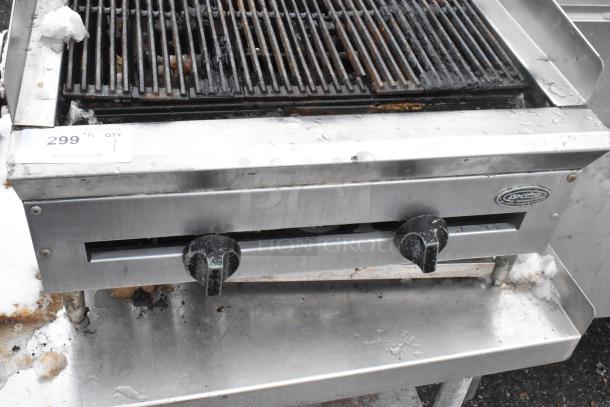 Commercial Countertop Charbroiler Grill on stand, stainless steel, DCS brand, dual control knobs, used condition.