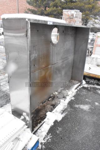 7.5' commercial steam hood, stainless steel, noticeable wear and rust, outdoors with snow. Contains a round exhaust opening.