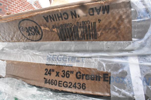 Cardboard packaging with markings for Regency 24"x36" Green Epoxy Wire Shelf, #460EG2436, NSF certified, made in China.