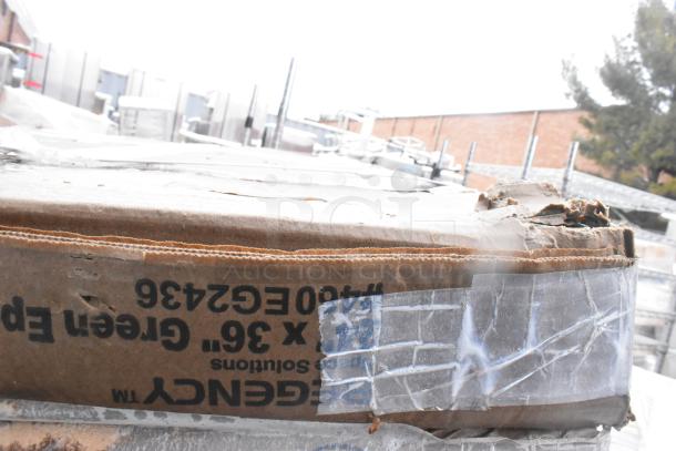 Damaged box of 6 items including Regency EG-2436 NSF green epoxy wire shelf. Box shows wear, tape marks, and partially visible label.