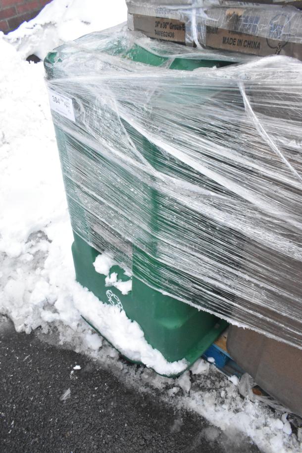 Six assorted items including a Regency 460EG2436 24"x36" green epoxy wire shelf, wrapped with plastic, poly trash bins.