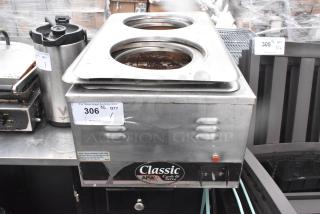 APW Wyott CW-2A countertop food warmer, 120 volts, 1 phase, dual pot design, visible wear, with tags showing auction info.