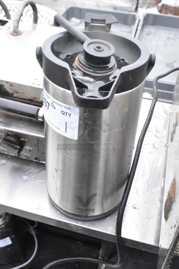 Stainless steel air pot without lid, Vondior brand, missing lid, in fair condition, auction label attached.