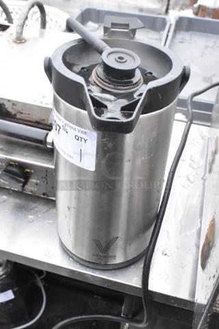 Stainless steel air pot without lid, Vondior brand, missing lid, in fair condition, auction label attached.