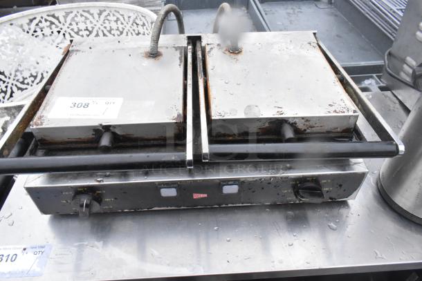 Cecilware countertop double panini press, stainless steel, dual controls, visible wear and rust, auction label indicating item number 308.