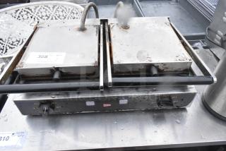 Cecilware countertop double panini press, stainless steel, dual controls, visible wear and rust, auction label indicating item number 308.