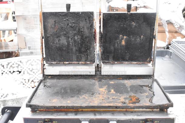 Cecilware countertop double panini press, visibly worn with rust and residue, ideal for commercial use, adjustable temperature.