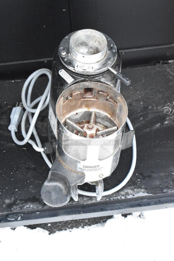 Mazzer Luigi Mini Timer Espresso Bean Grinder, used condition, 120 volts, 1 phase. Visible markings and warning label.