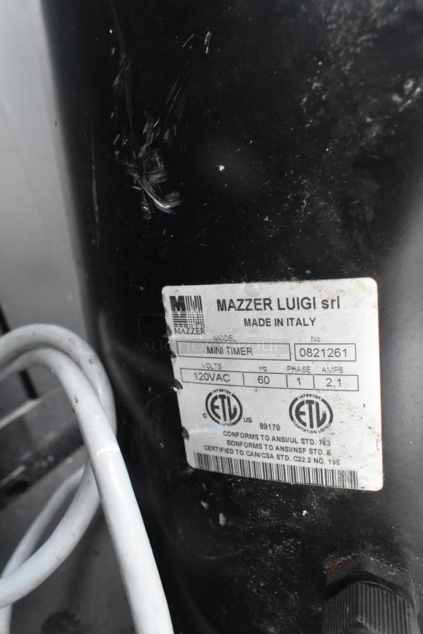 Mazzer Luigi Mini Timer Espresso Bean Grinder Base, 120V, 1 Phase. ETL certified label visible.